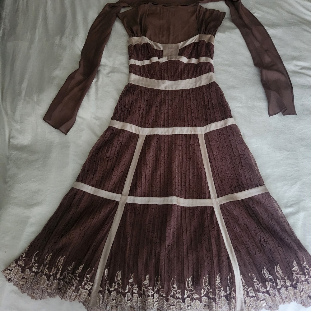 NWT La Perla Brown Lace Blend Accordian Pleated Midi Cocktail Dress